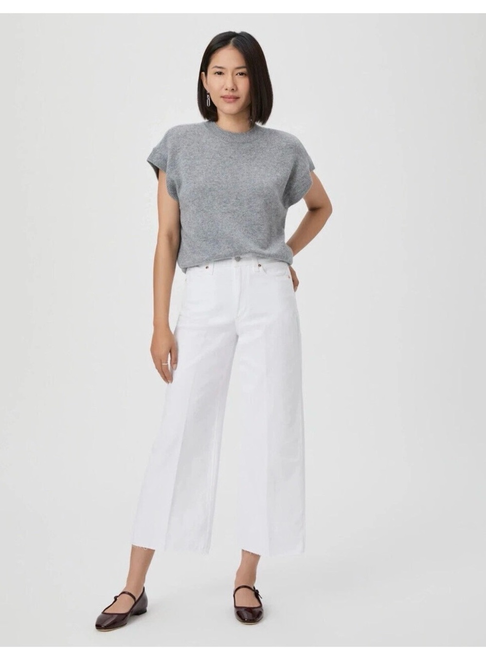 PAIGE Cream White Wide-Leg Crop raw hem Anessa Jeans 27